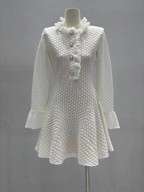 Self-Portrait White Textured Knit Ruffle Collar Mini Dress